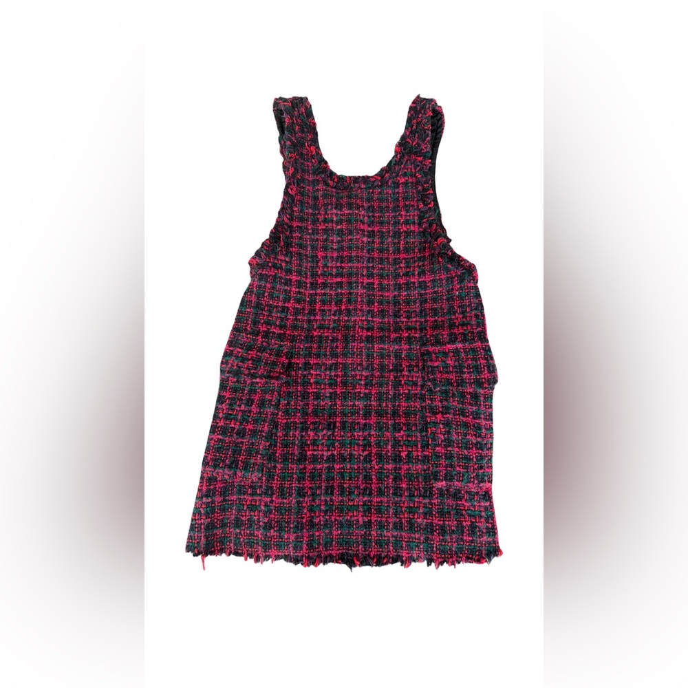 Zara Girls Size 7 Pinafore Dress Pink Fuchsia Black Textured Weave with Pockets